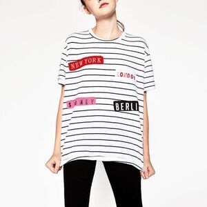 Zara Oversized Patch New York Sidney Berlin London Striped Tee Shirt Small